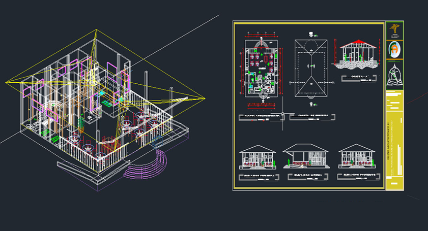 دانلود فایل معماری پروژه رستوران سه‌بعدی و دوبعدی فایل DWG برای نرم‌افزار اتوکد AutoCAD